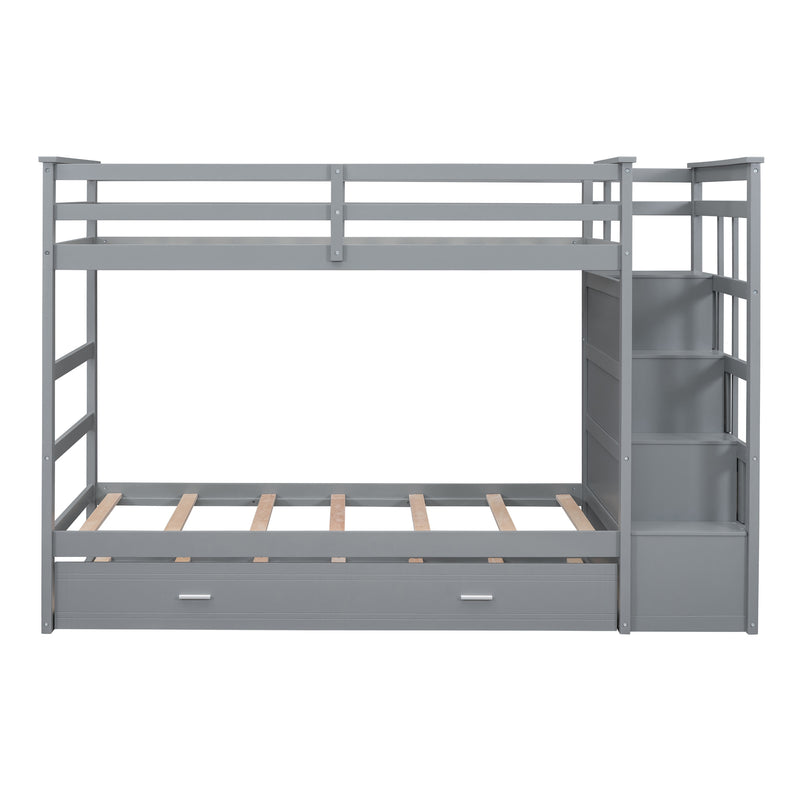 Twin Over Twin Bunk Bed with Trundle and Staircase,Gray(OLD SKU:LT000068AAE)