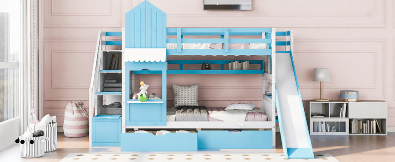 Twin-Over-Twin Castle Style Bunk Bed with 2 Drawers 3 Shelves and Slide - Blue