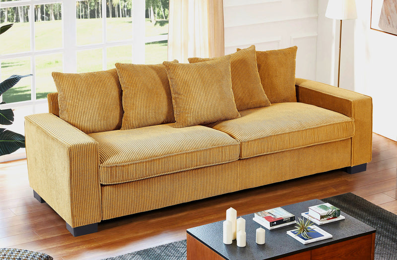 Luxe Corduroy Sofa With 5 Matching Toss Pillows, Sleek Design, Spacious And Comfortable 3 Seater Couch