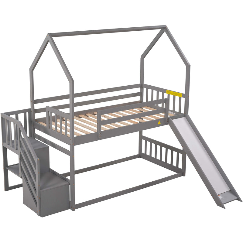 Twin over Twin House Bunk Bed with Convertible Slide,Storage Staircase can be Placed Left or Right,Gray