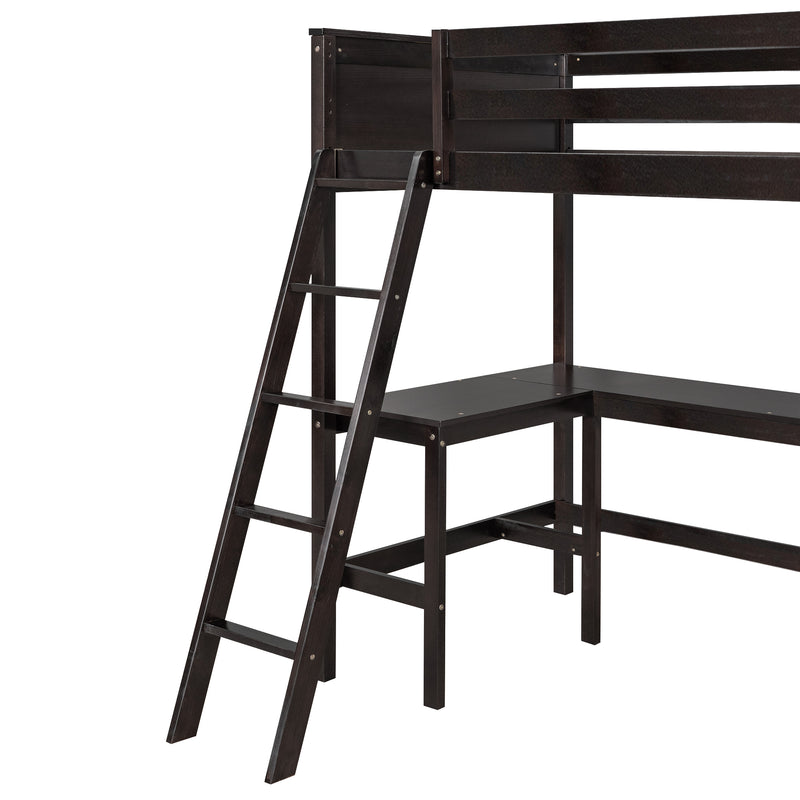 Twin size Loft Bed with Shelves and Desk, Wooden Loft Bed with Desk - Espresso(OLD SKU:LT000537AAP)