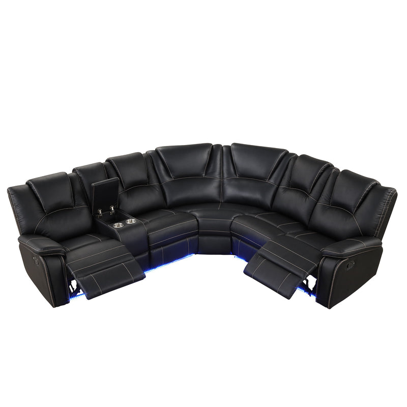 Modern Faux Leather Manual Reclining With Center Console With LED Light Strip, Living Room Furniture Set, PU Symmetrical Couch With 2 Cup Holders And Storage For Living Room