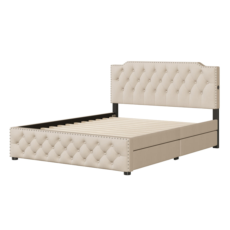 Queen Size Upholstered Platform Bed with 2 Drawers and 2 sets of USB Ports on each side, Linen Fabric, Beige