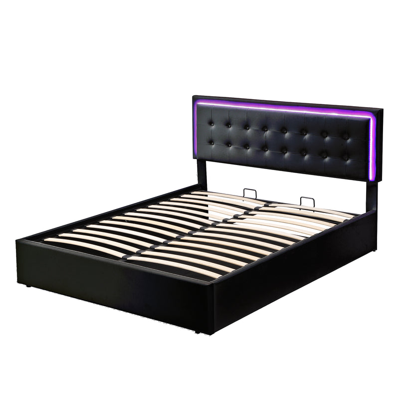 Queen Size Tufted Upholstered Platform Bed with Hydraulic Storage System,PU Storage Bed with LED Lights,Black