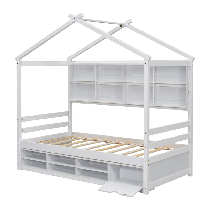 Twin House Bed with Roof Frame, Bedside-shelves, Under Bed Storage Unit,White