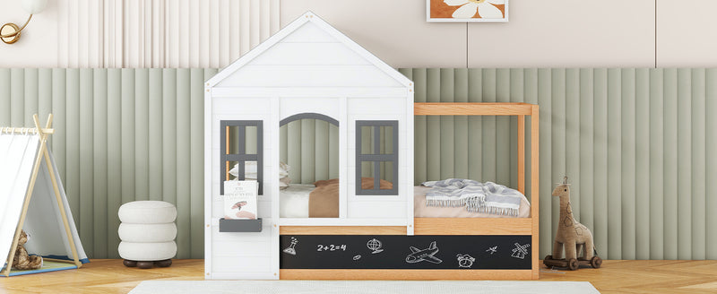 Twin Size House Shaped Canopy Bed with Black Roof and White Window,Blackboard and Little Shelf, White(Old SKU: WF294051AAK)