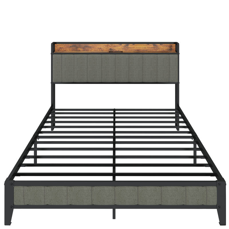 Queen Size Bed Frame with Charging Station, Upholstered Headboard, Metal Platform, Dark Grey