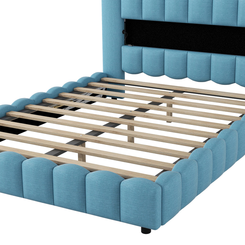 Queen Size Upholstered Platform Bed with LED Headboard and USB, Blue