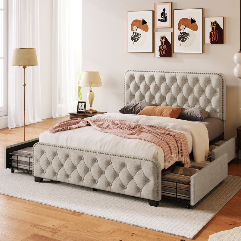 Upholstered Platform Bed Frame with Four Drawers, Button Tufted Headboard and Footboard Sturdy Metal Support, No Box Spring Required, Beige, Full (Old sku:BS300281AAA)