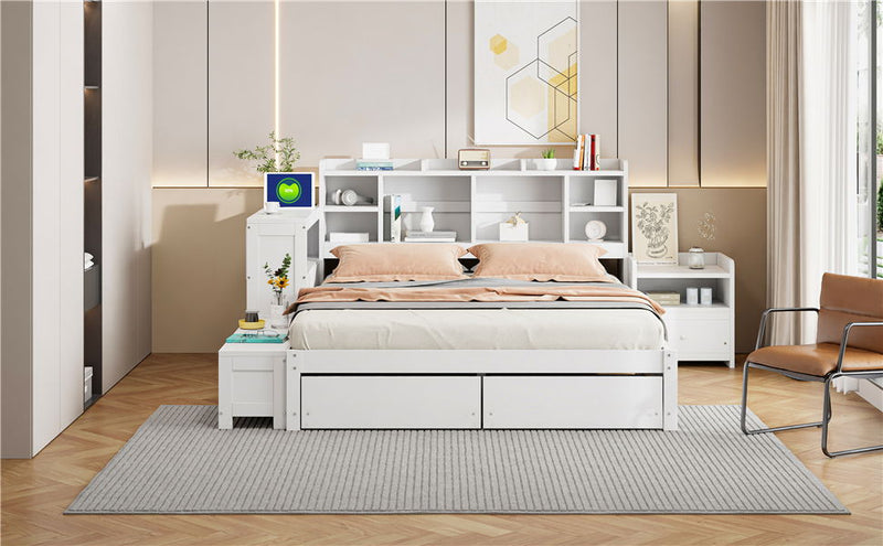 Platform Bed With Multi Functional Storage Space, Nightstand, 2 Drawers, USB Ports And Desk