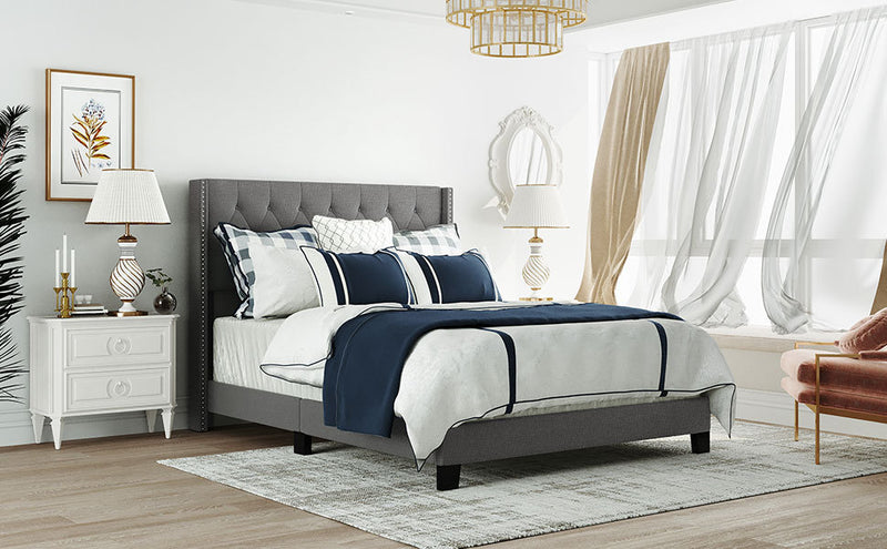 Upholstered Platform Bed with Classic Headboard, Box Spring Needed, Gray Linen Fabric, Queen Size