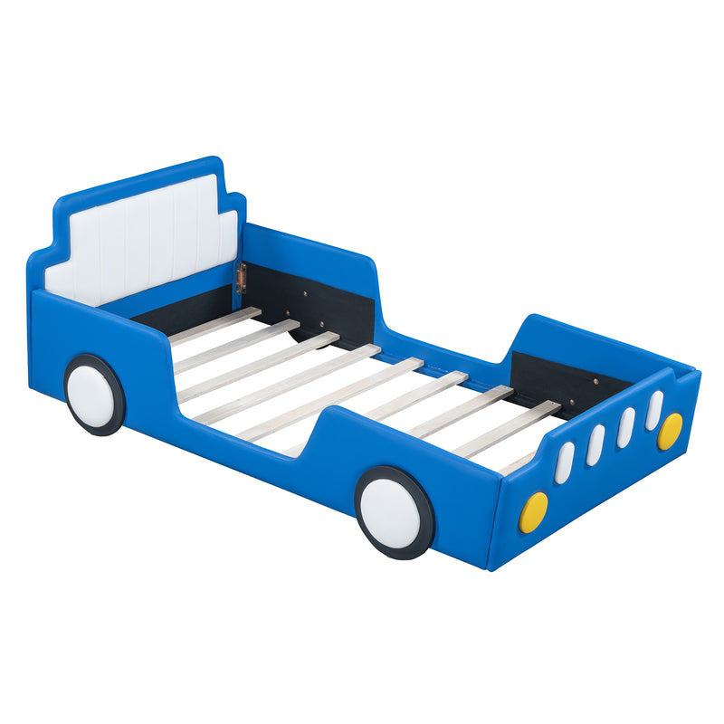 Twin Size Race Car-Shaped Platform Bed with Wheels,Blue