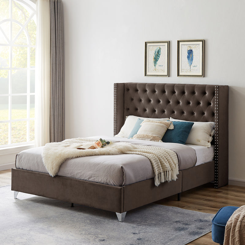 B100S Queen bed, Button designed Headboard,strong wooden slats + metal legs with Electroplate