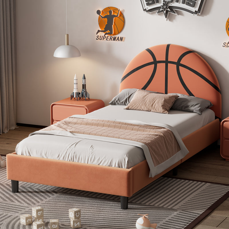 Basketball Design Upholstered Twin Platform Bed Sport Style Bed for Boys & Girls, Teens, Orange