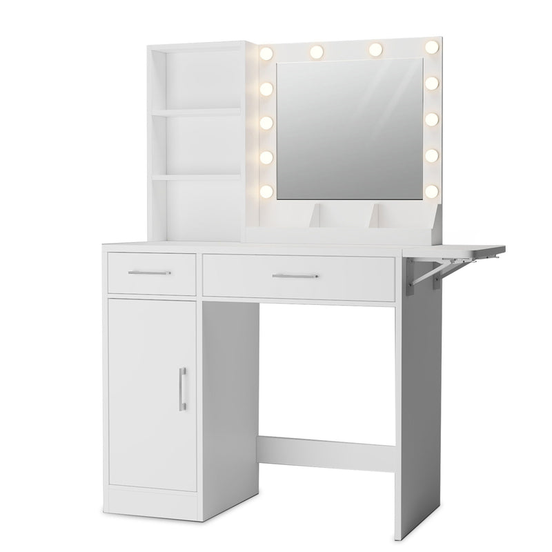 Vanity Desk With Drawers & Mirror With Lights, With Drawers & Cabinet 3 Shelves Lots Storage For Stylish Bedroom