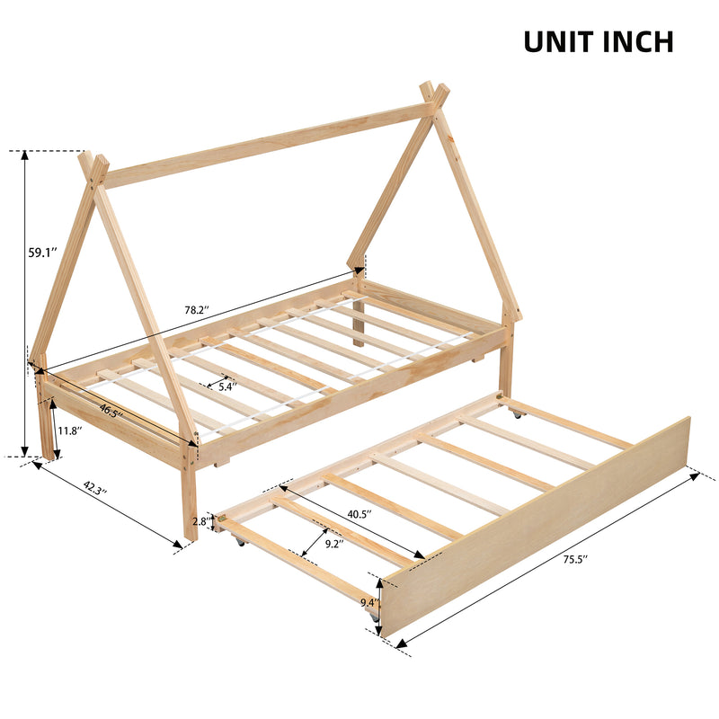 Twin size Tent Floor Bed, Teepee Bed, with Trundle,Natural