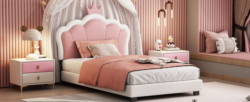 Twin Size Upholstered Princess Bed With Crown Headboard, Twin Size Platform Bed With Headboard And Footboard - White / Pink