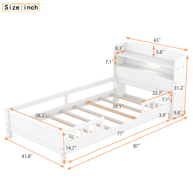 Wood Twin Size Platform Bed with Built-in LED Light, Storage Headboard and Guardrail, White