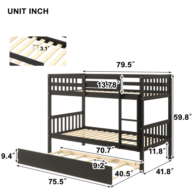 Twin Over Twin Bunk Beds with Trundle, Solid Wood Trundle Bed Frame with Safety Rail and Ladder, Kids/Teens Bedroom, Guest Room Furniture, Can Be converted into 2 Beds,Espresso