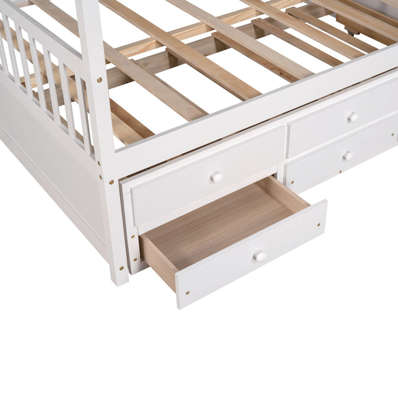 Full Size Wooden House Bed With Trundle And 3 Storage Drawers - White