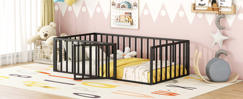 Twin Size Metal Floor Bed Frame with Fence and Door, Black