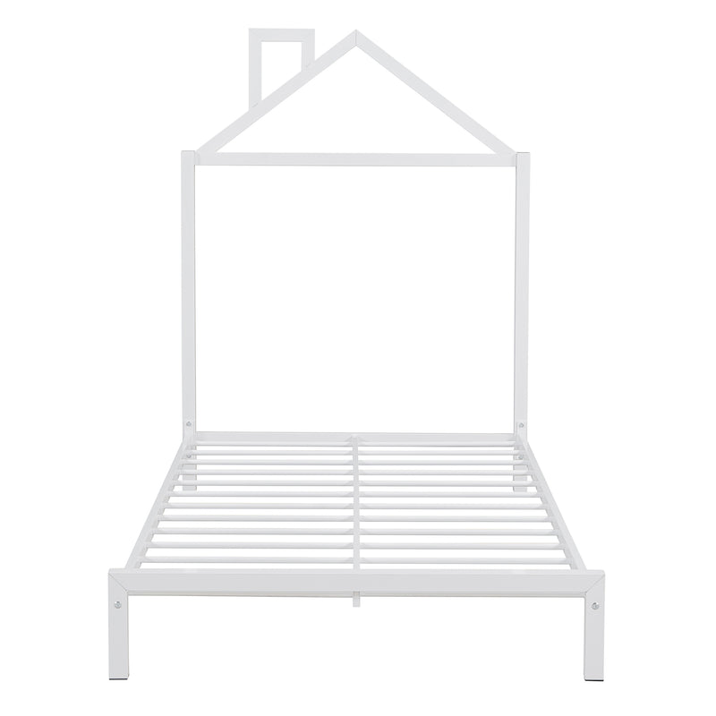 Twin Size Metal Platform Bed with House-Shaped Headboard Design, White