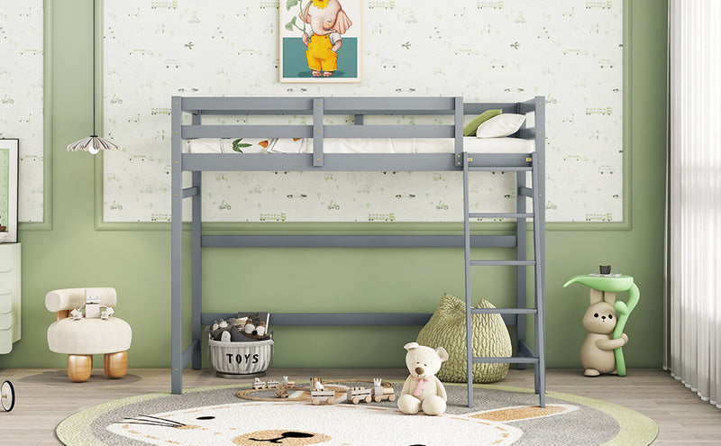 Twin Size High Loft Bed with inclined Ladder, Guardrails,Grey