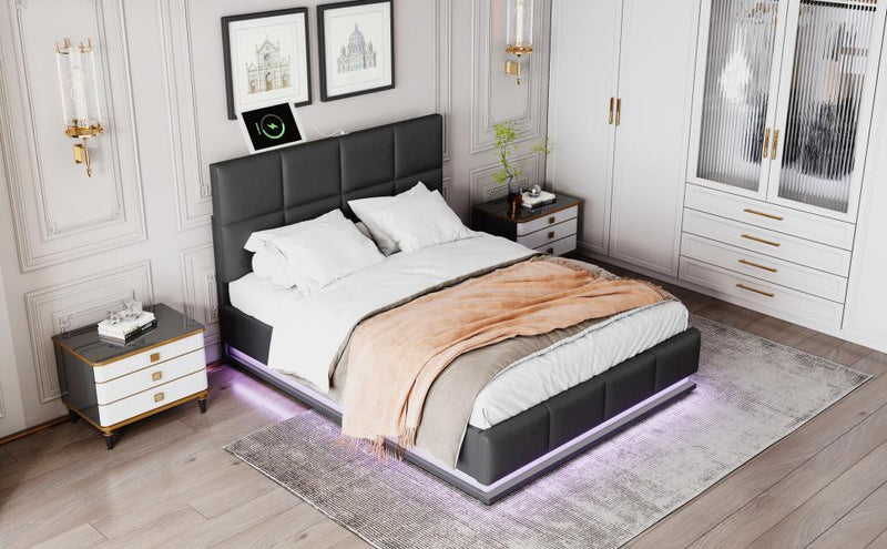 Tufted Upholstered Platform Bed with Hydraulic Storage System,Queen Size PU Storage Bed with LED Lights and USB charger, Black