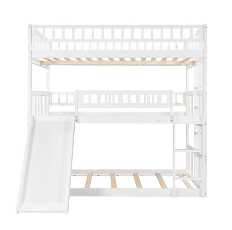 Full Over Full Over Full Triple Bed With Built-In Ladder And Slide, Triple Bunk Bed With Guardrails - White