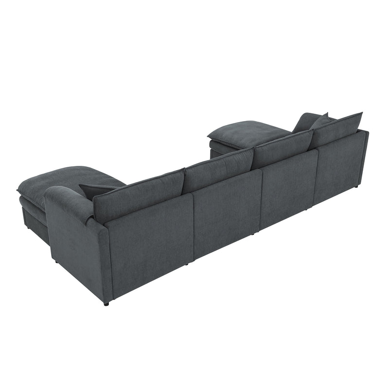 Chenille Modular Sectional Sofa, U Shaped Cloud Couch Set With Double Cushions, 6 Seat Sleeper Sofa Bed With Ottomans, Oversized Indoor Furniture For Living Room