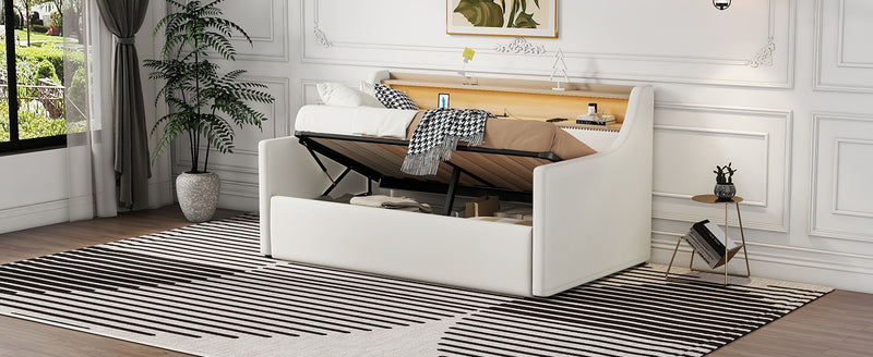 Twin Size Daybed with Hydraulic Storage, Upholstered Daybed with Lift Up Storage, Twin Leather Daybed with Charging Station and LED Lights,White(Expect arrival date Feb.13rd)