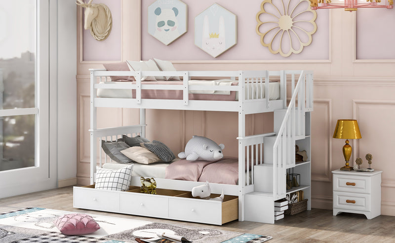 Stairway Twin-Over-Twin Bunk Bed with Three Drawers for Bedroom, Dorm - White(Old sku: LP000309AAK)