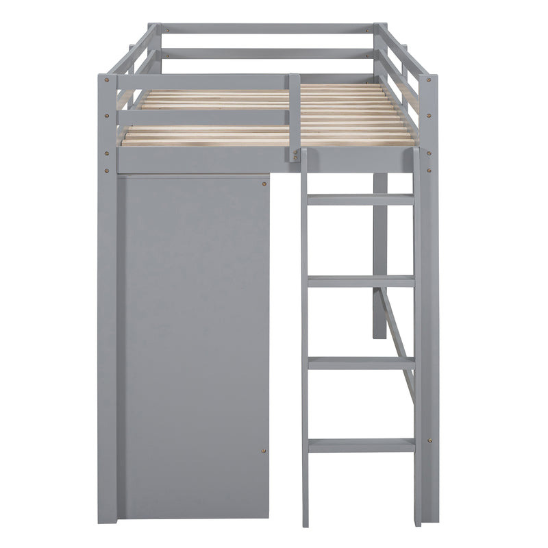 Twin size Loft Bed with Drawer, Two Wardrobes and Mirror, Gray