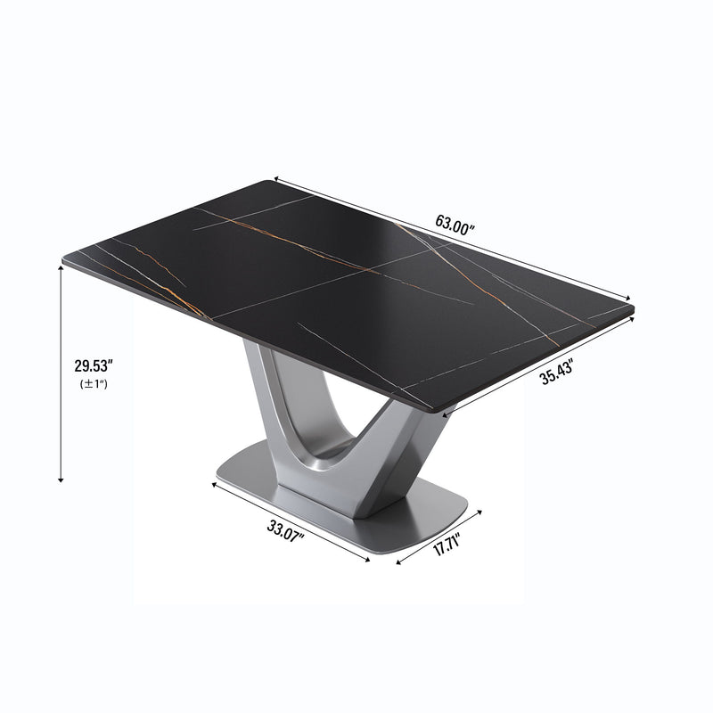 63" Modern Artificial Stone Panel V-Shaped Metal Legs, Can Accommodate 6-8 People - Black Top