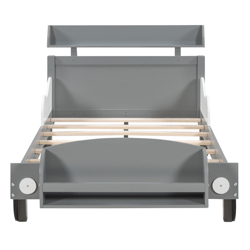 Twin Size Car-Shaped Platform Bed,Twin Bed with Storage Shelf for Bedroom,Gray