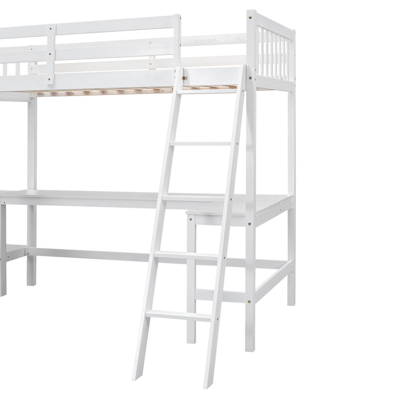 Wood Twin Size L-Shaped Loft Bed with Ladder and 2 Built-in L-Shaped Desks, White