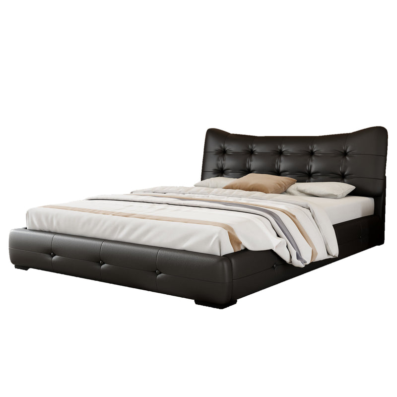 Queen Bed Modern PU Upholstered With Ergonomic Wingback Headboard, No Box Spring Needed - Black