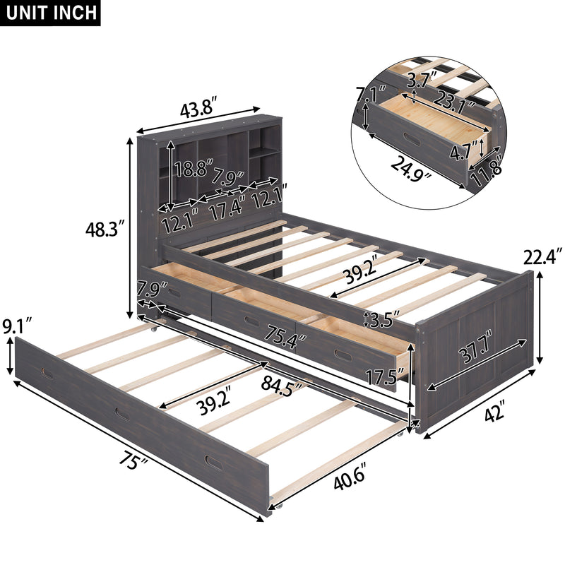 Twin Size Platform Bed with Storage Headboard, Charging Station, Twin Size Trundle and 3 Drawers, Antique Brown