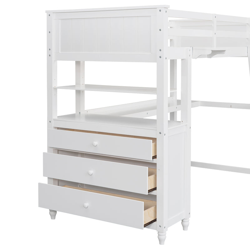 Twin size Loft Bed with Drawers and Desk, Wooden Loft Bed with Shelves - White(OLD SKU: LT001530AAK)