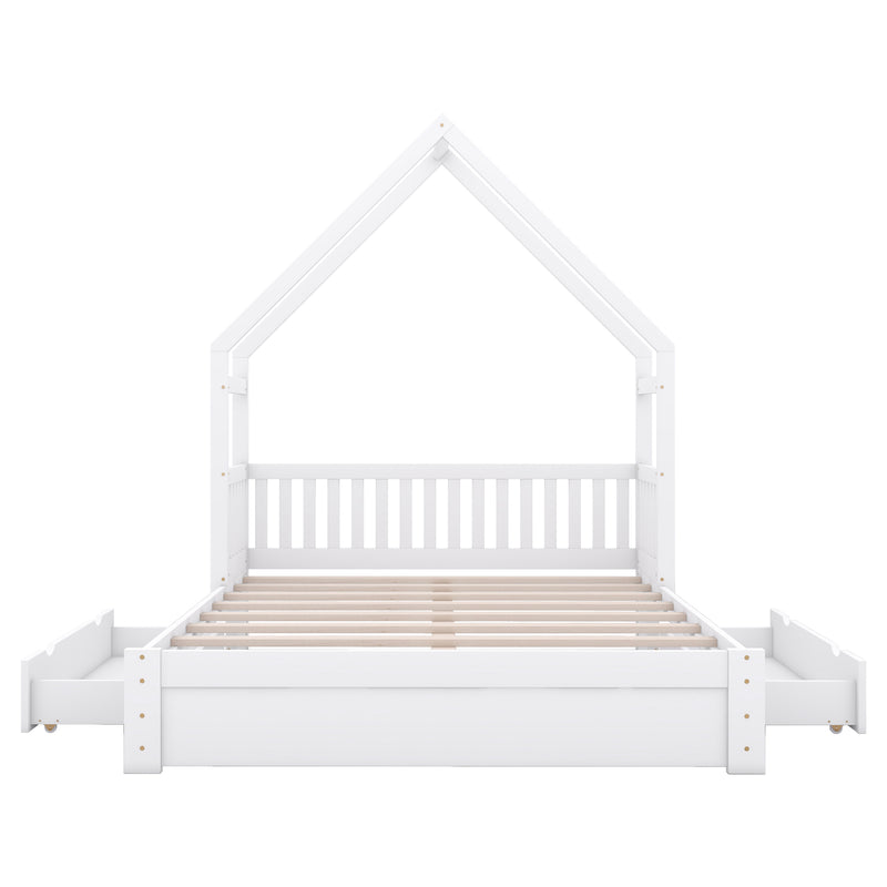 Wood Queen Size House Platform Bed with Guardrail and 2 Drawers, White (Expected Arrival Time:4.26)