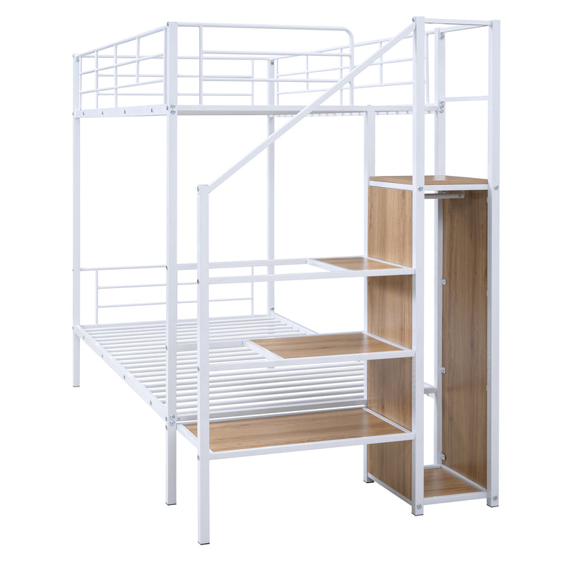 Twin Over Twin Metal Bunk Bed with Lateral Storage Ladder and Wardrobe, White