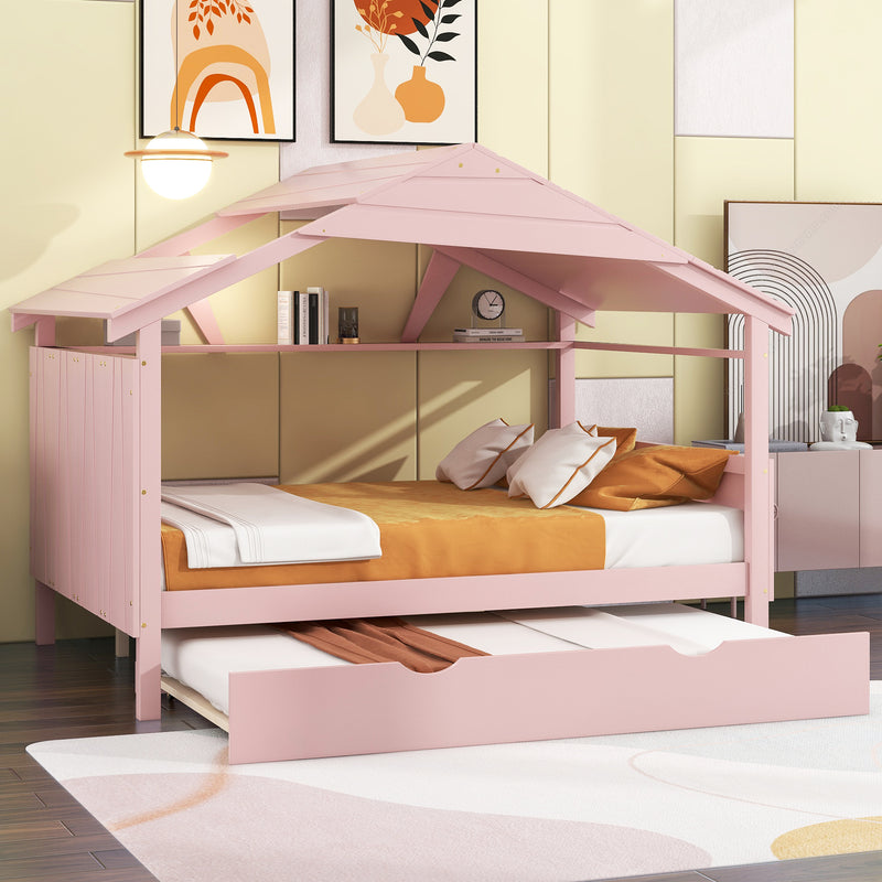 Wood Full Size House Bed with Twin Size Trundle and Storage, Pink