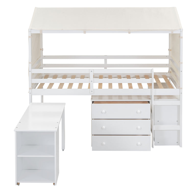 Twin Size Loft Bed with Rolling Cabinet, Shelf and Tent - White