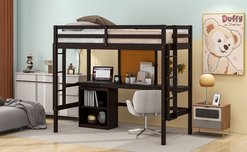 Twin size Loft Bed with Desk and Writing Board, Wooden Loft Bed with Desk & 2 Drawers Cabinet- Espresso