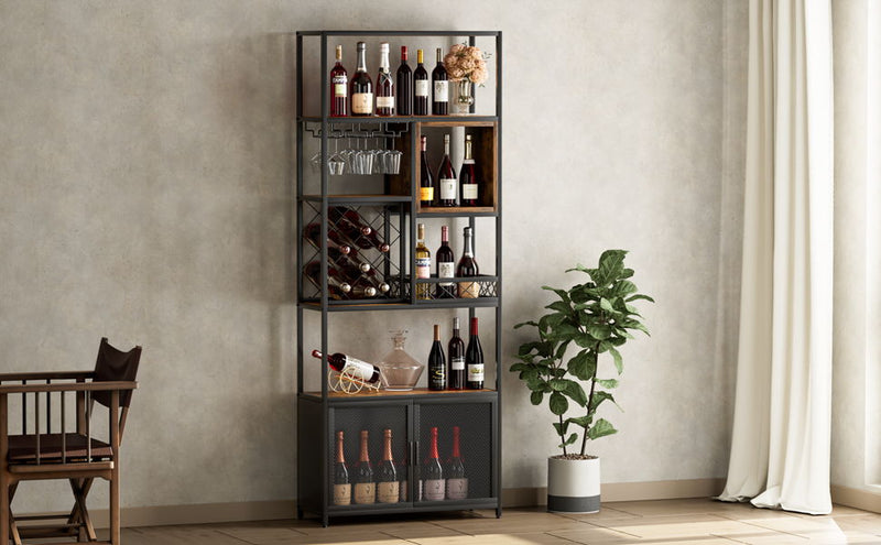 Industrial Tall Black Bar Wine Rack Cabinet With Glass Holder Wood Home Bar Cabinet - Walnut / Black