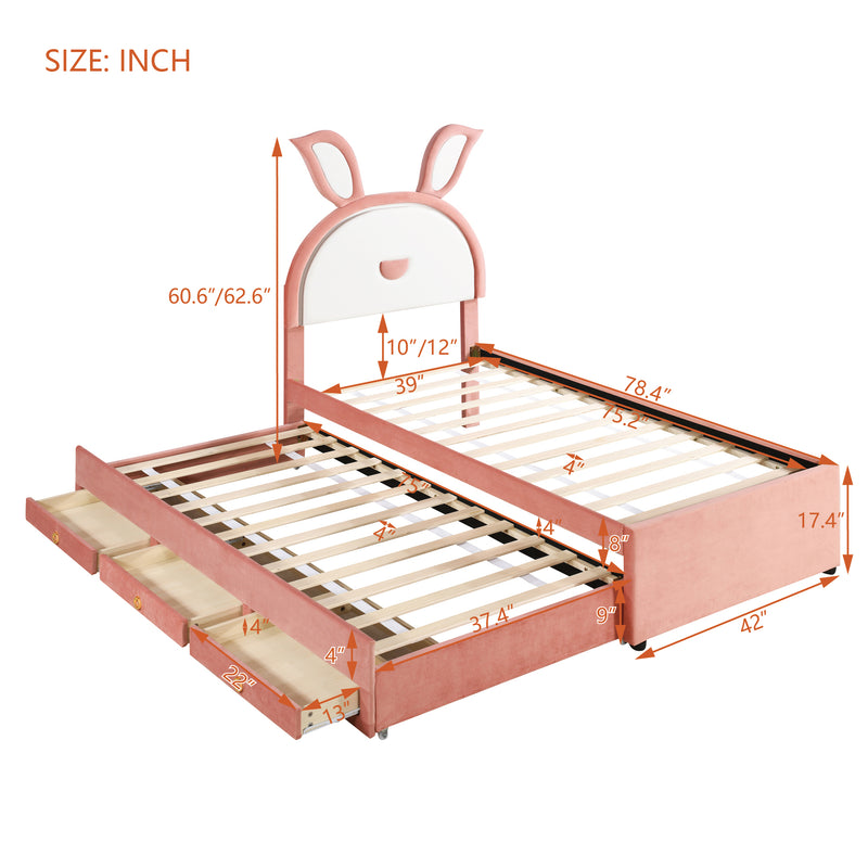 Twin Size Upholstered Platform Bed with Trundle and 3 Drawers, Rabbit-Shaped Headboard with Embedded LED Lights, Pink