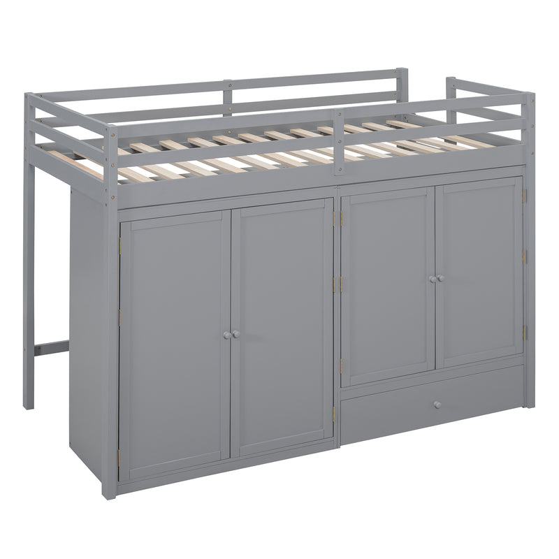 Twin size Loft Bed with Drawer, Two Wardrobes and Mirror, Gray