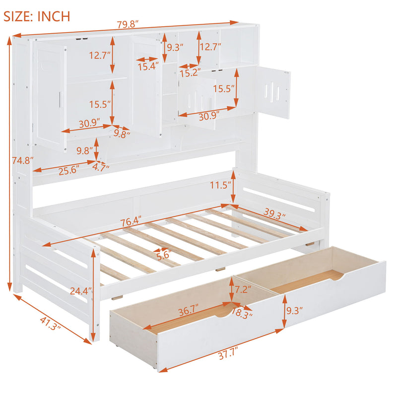 Wooden Daybed With 2 Drawers, And All-In-One Cabinet And Shelf