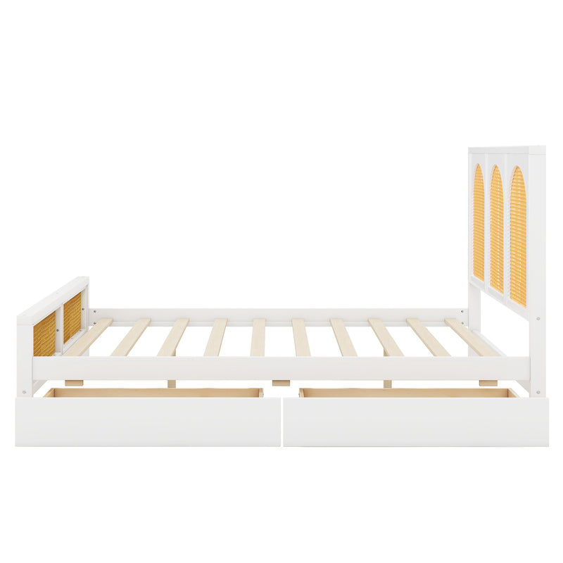 Queen Size Wood Storage Platform Bed with 2 Drawers, Rattan Headboard and Footboard, White