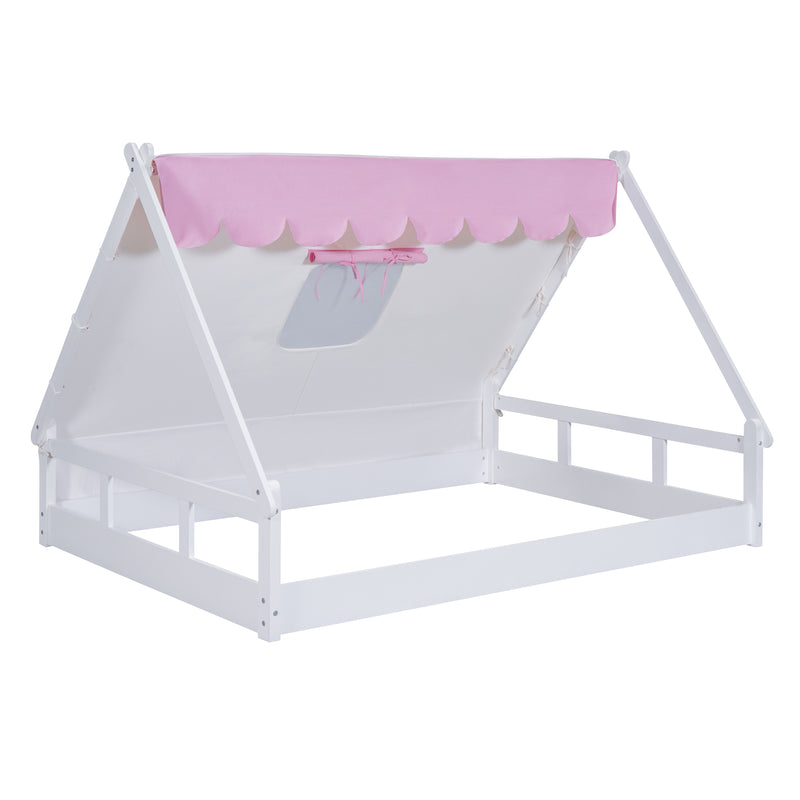 Wooden Full Size Tent Bed with Fabric for Kids,Platform Bed with Fence and Roof, White+Pink